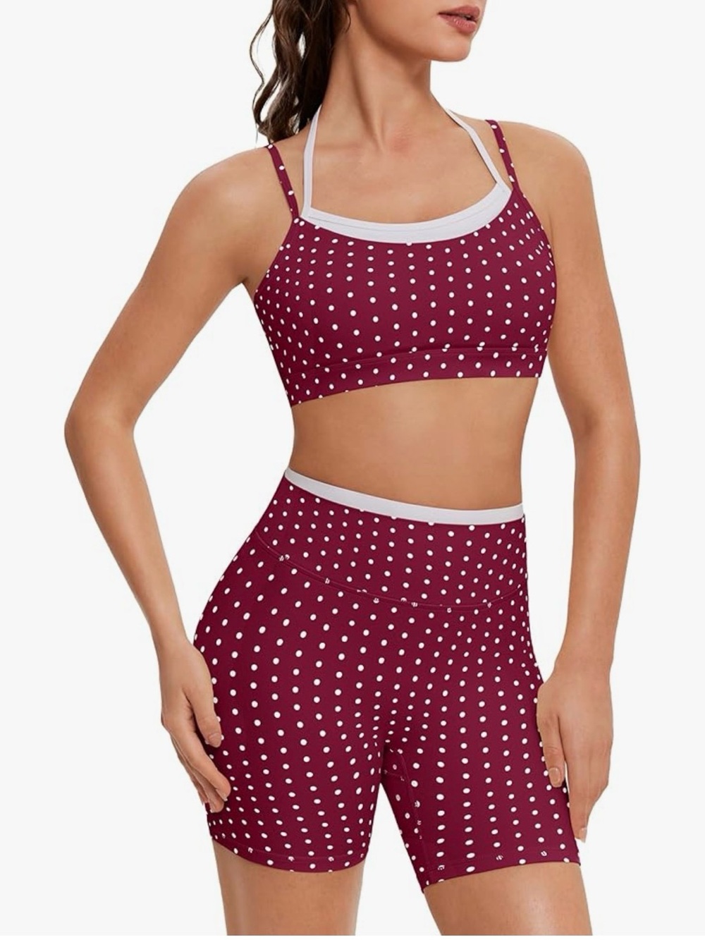 Burgundy Polka Dot Strappy Sports Bra — White Trim